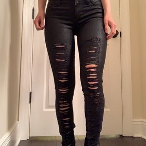 Black wax ripped skinny jeans